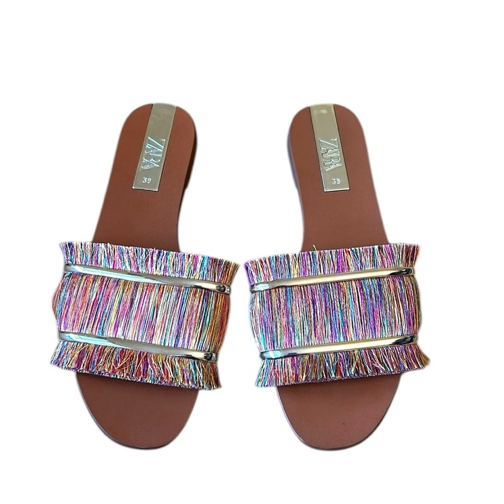 Zara Multicolor Fringe Slip On Sandals Women’s Size 36 - Picture 1 of 11